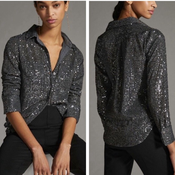 Anthropologie Sequin Button-down Shirt Slate Gray Top Medium Petite - Picture 14 of 15